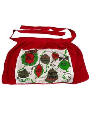Vintage Christmas Half Apron Holiday Ornaments Red Green Mid Century Kitchen Dec